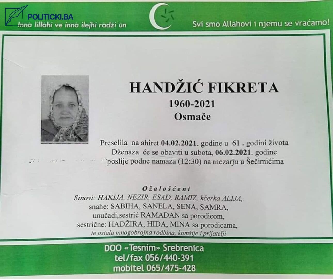Umrla Fikreta Handžić majka koja se među prvima sa četiri sina vratila u Srebrenici - slika 3