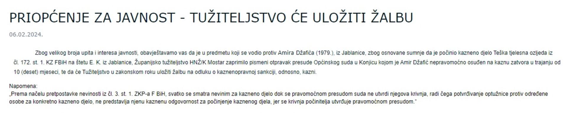 Tužilaštvo HNK najavilo žalbu na presudu batinašu iz Jablanice - slika 1
