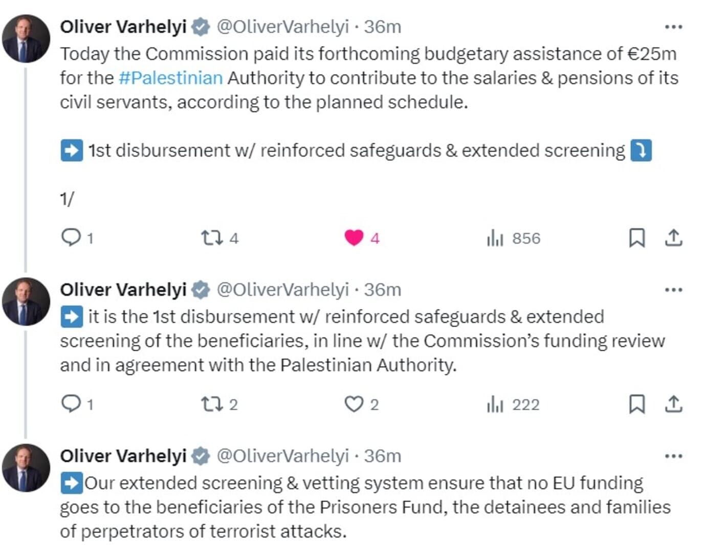 Varhelyi: Uplatili smo prvu tranšu pomoći Palestini - slika 1