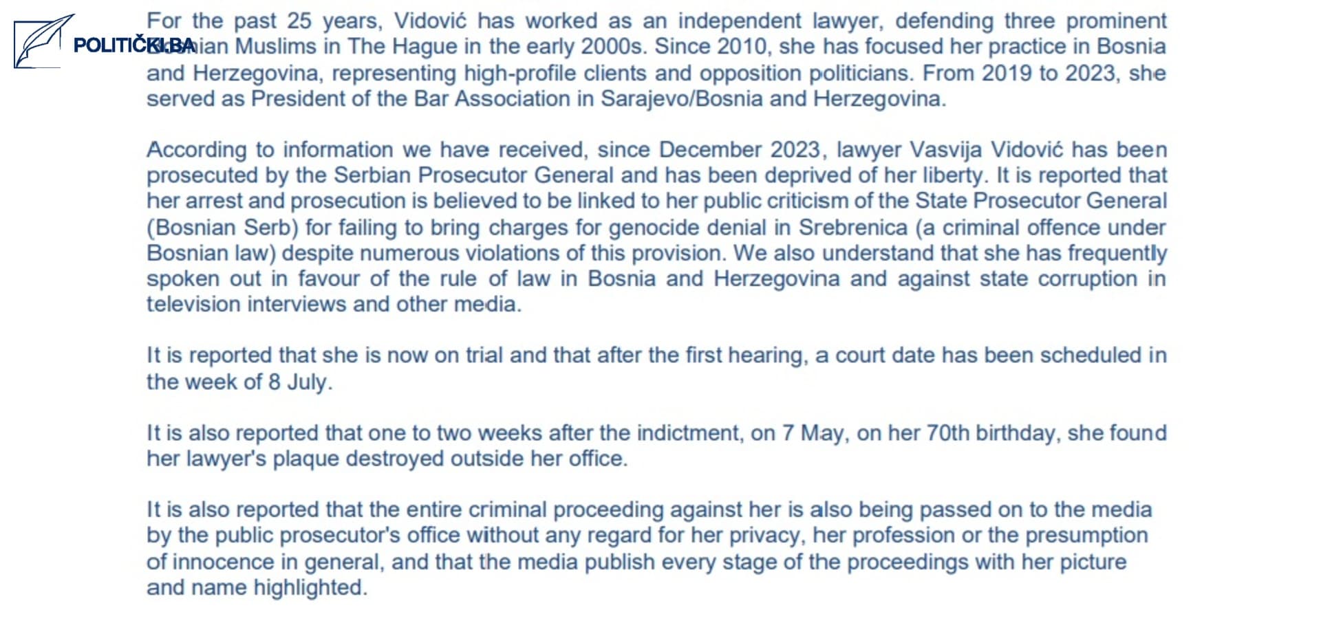 Advokati Evrope: Glavni tužilac BiH progoni advokaticu Vasviju Vidović - slika 3