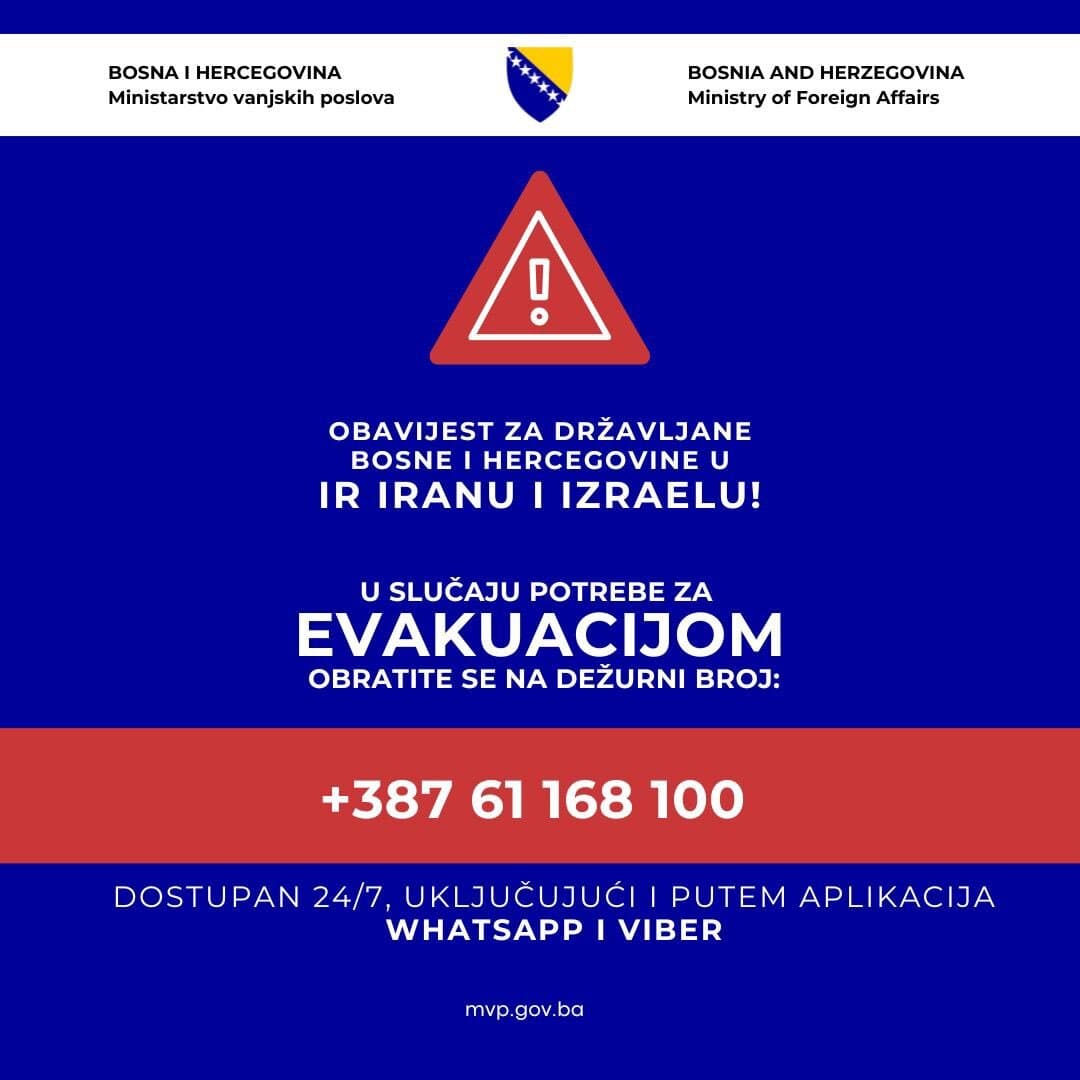 MVP BiH: Nema stradalih državljana BiH u sukobima Irana i Izraela - slika 1