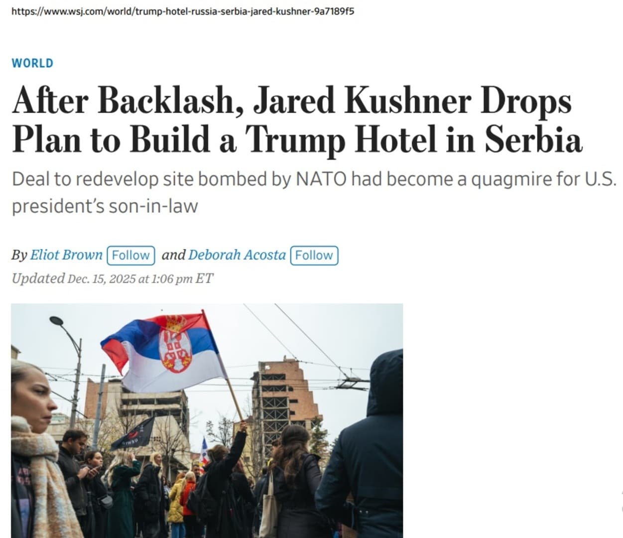 Wall Street Journal: Jared Kushner odustao od izgradnje Trump hotela u Srbiji - slika 1