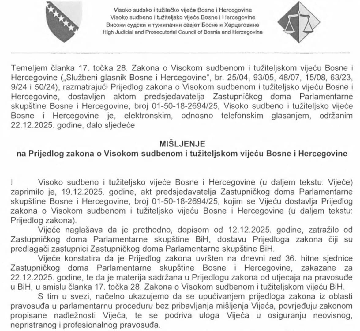 VSTV BiH dao negativno mišljenje o zakonu koji bi trebao reformirati pravosuđe - slika 1