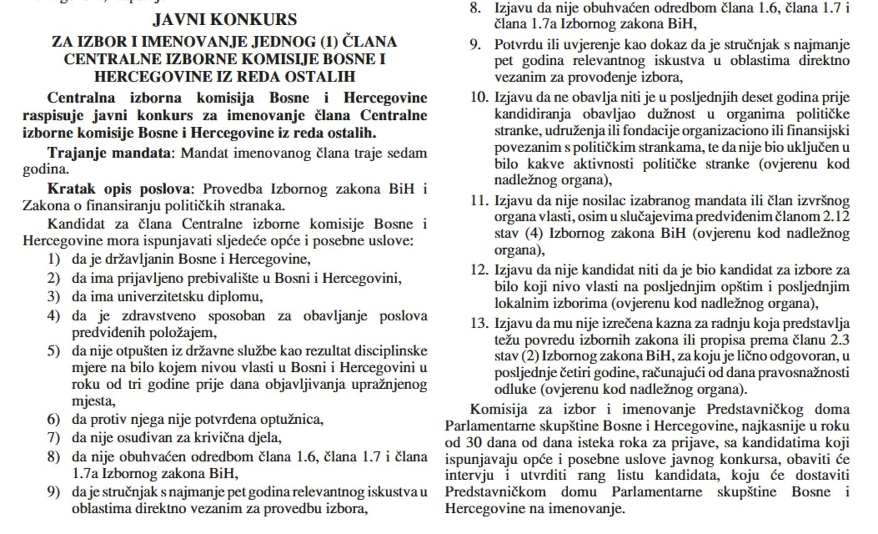 Konkurs za izbor člana CIK-a iz reda ostalih - slika 1