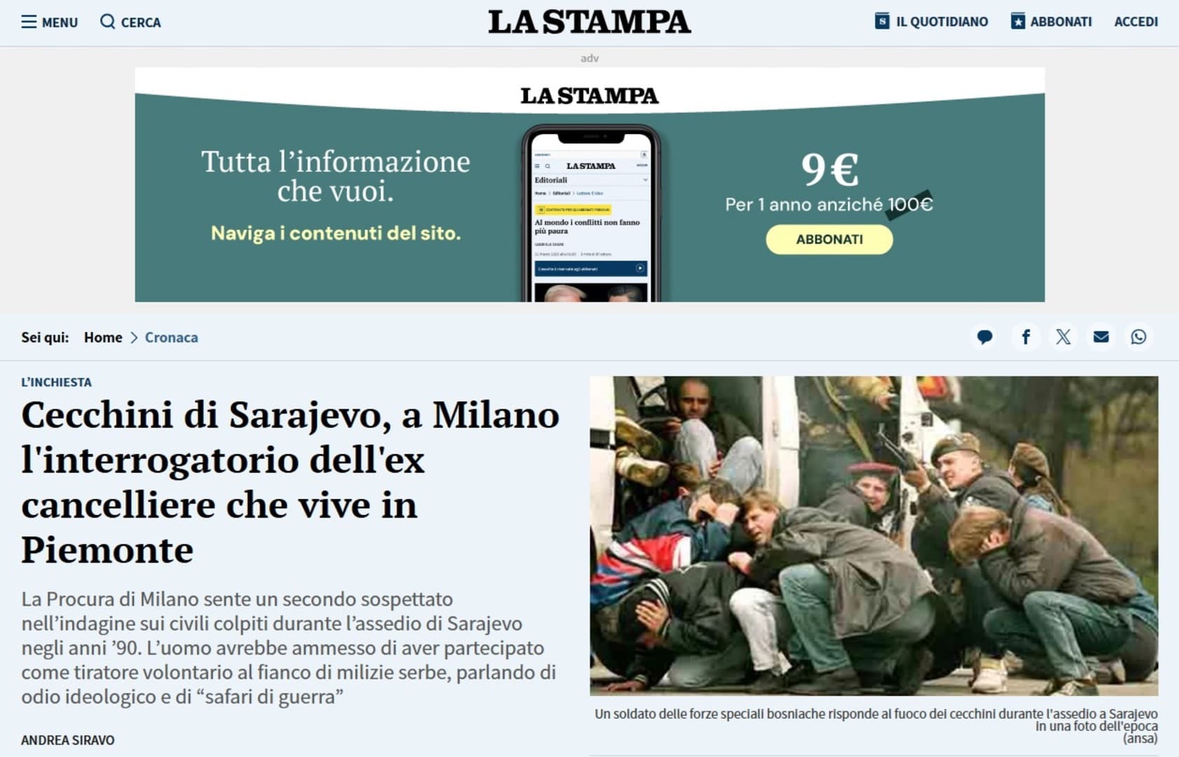 Sarajevo safari: Bivši kancelar, koji živi u Pijemontu, ispitan u Milanu - slika 1